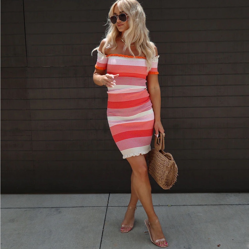 VICI - Paityn Cotton Blend Striped Off The Shoulder Midi